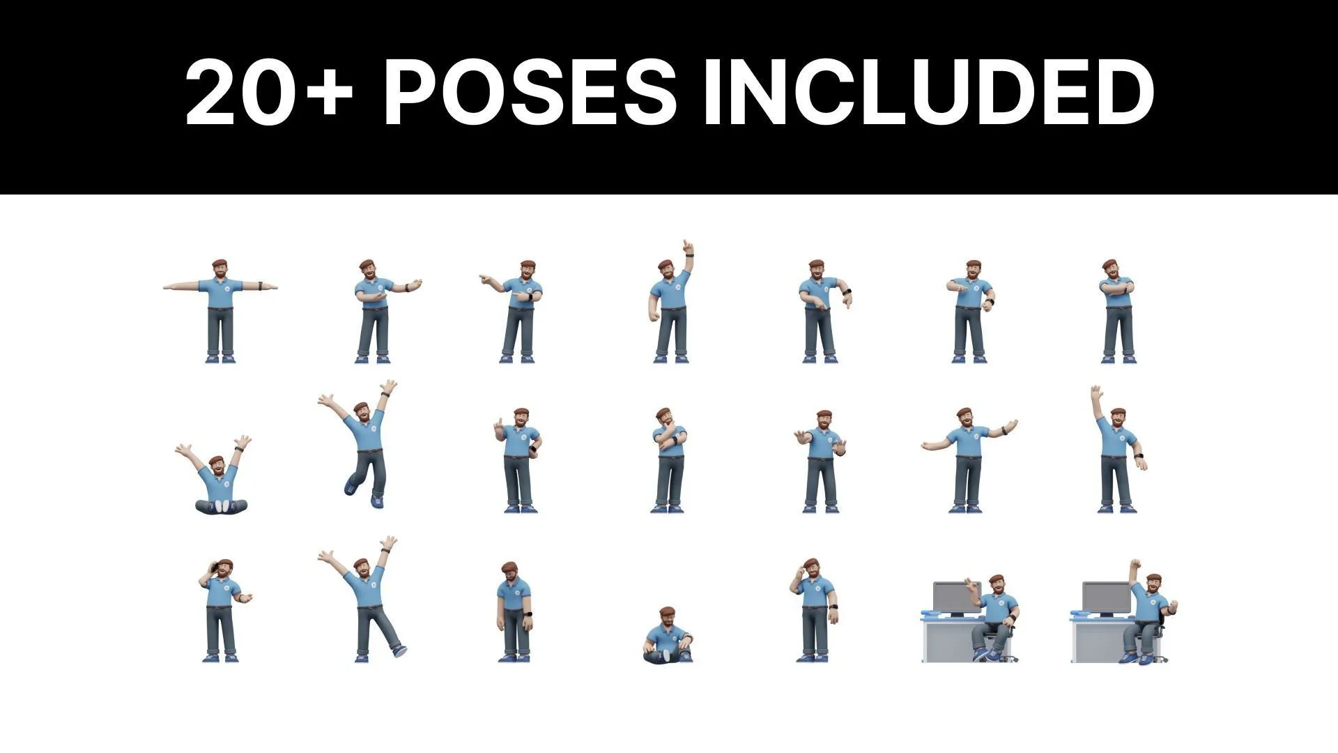 20 pre-made poses for Customizable Office Illustration Man
